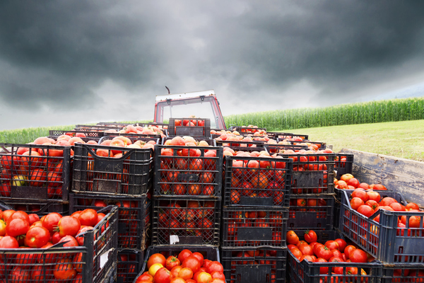 Trator carregado com caixas de tomates