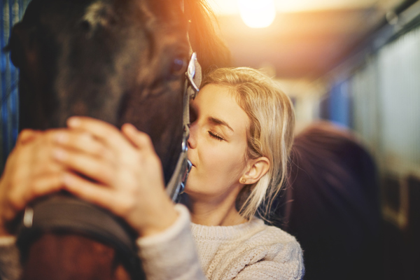 Mulher a expressar afecto por um cavalo