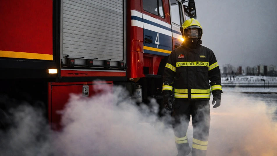 Vigile del Fuoco italiano in divisa operativa ufficiale accanto a un mezzo antincendio