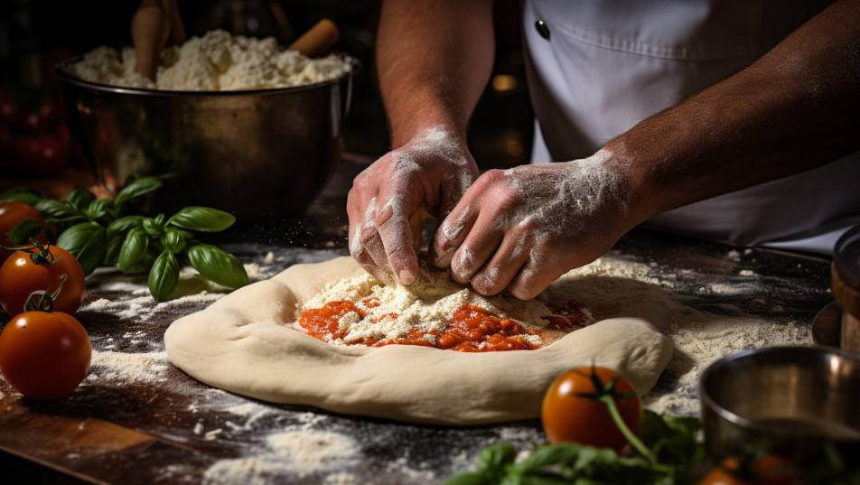 Pizzaiolo durante la preparazione di una pizza