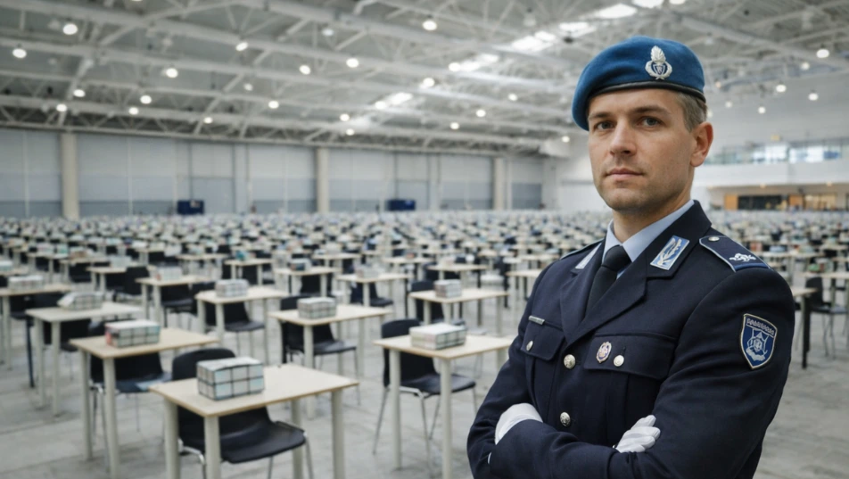 Agente della Polizia Penitenziaria in uniforme blu con basco azzurro, in primo piano all’interno di un grande padiglione allestito per la prova scritta del concorso