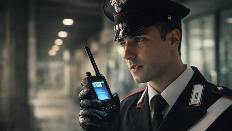Carabinieri con radiotrasmittente in un corridoio