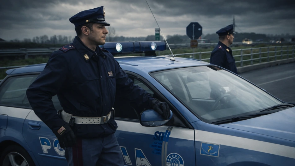 Due agenti della Polizia di Stato in uniforme sono accanto a un’auto di servizio lungo una strada, in un contesto operativo