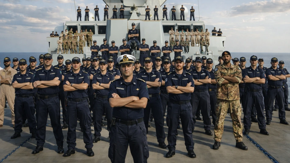 Allievi marescialli della Marina Militare schierati su una nave in formazione multilivello, in uniforme