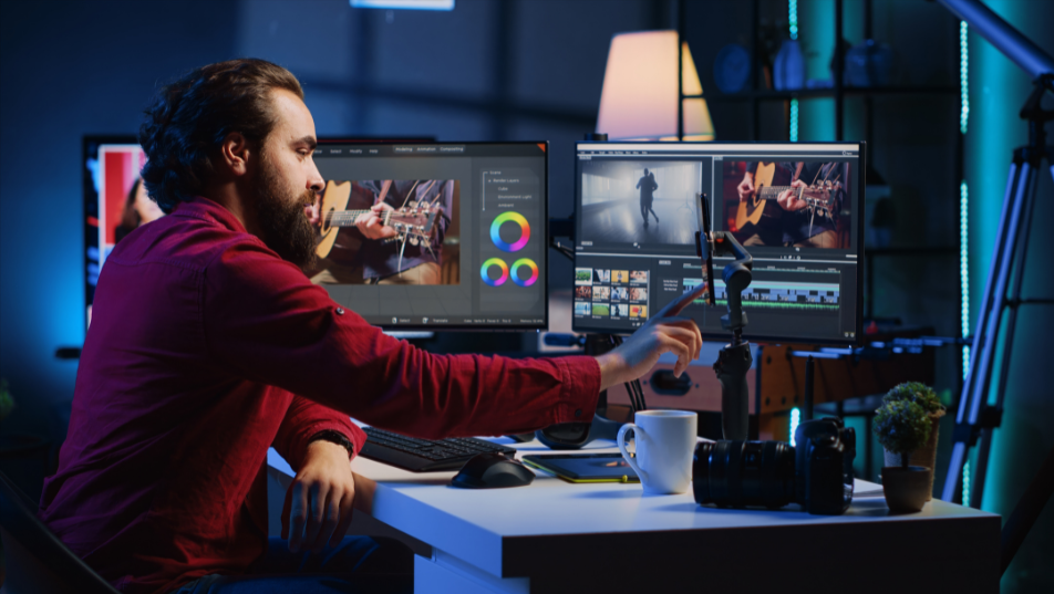 motion designer al lavoro su animazione video e montaggio grafica digitale