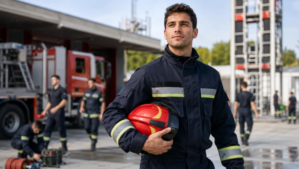 Giovane vigile del fuoco in allenamento all'aperto