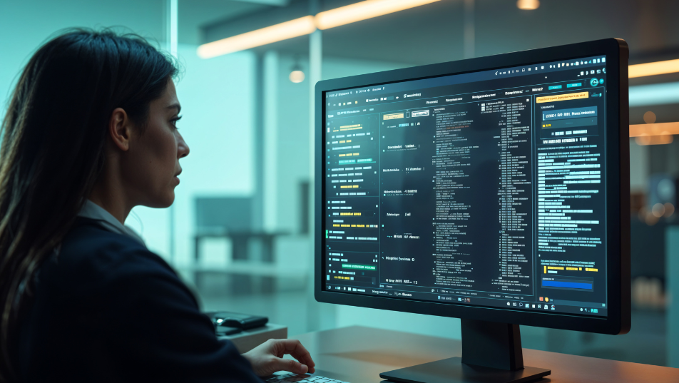 Back End Developer al lavoro con codice e strumenti di sviluppo software