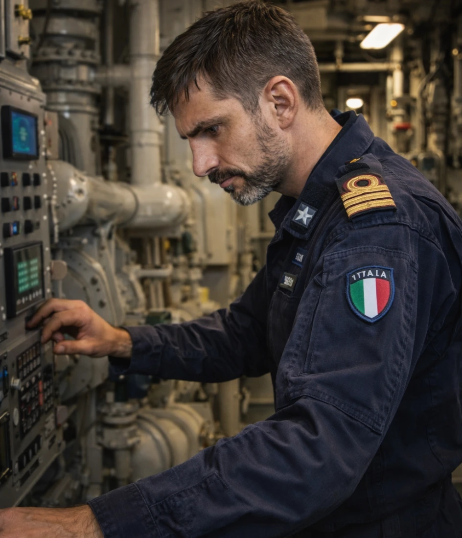 Ufficiale della Marina Militare italiana al lavoro nella sala macchine di una nave militare, impegna