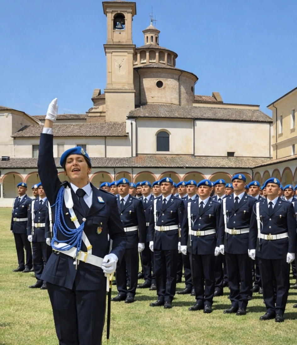 Agenti della Polizia Penitenziaria in uniforme blu con basco azzurro schierati in formazione nel cor