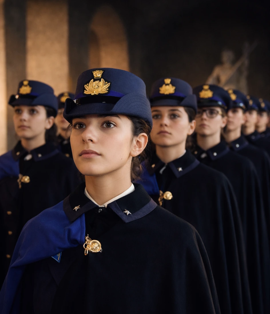 Allieve in uniforme formale allineate in un corridoio storico, con la cadetta in primo piano a fuoco