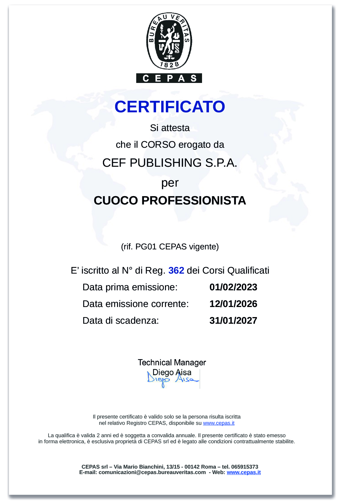 Certificato CEPAS Cuoco Professionista