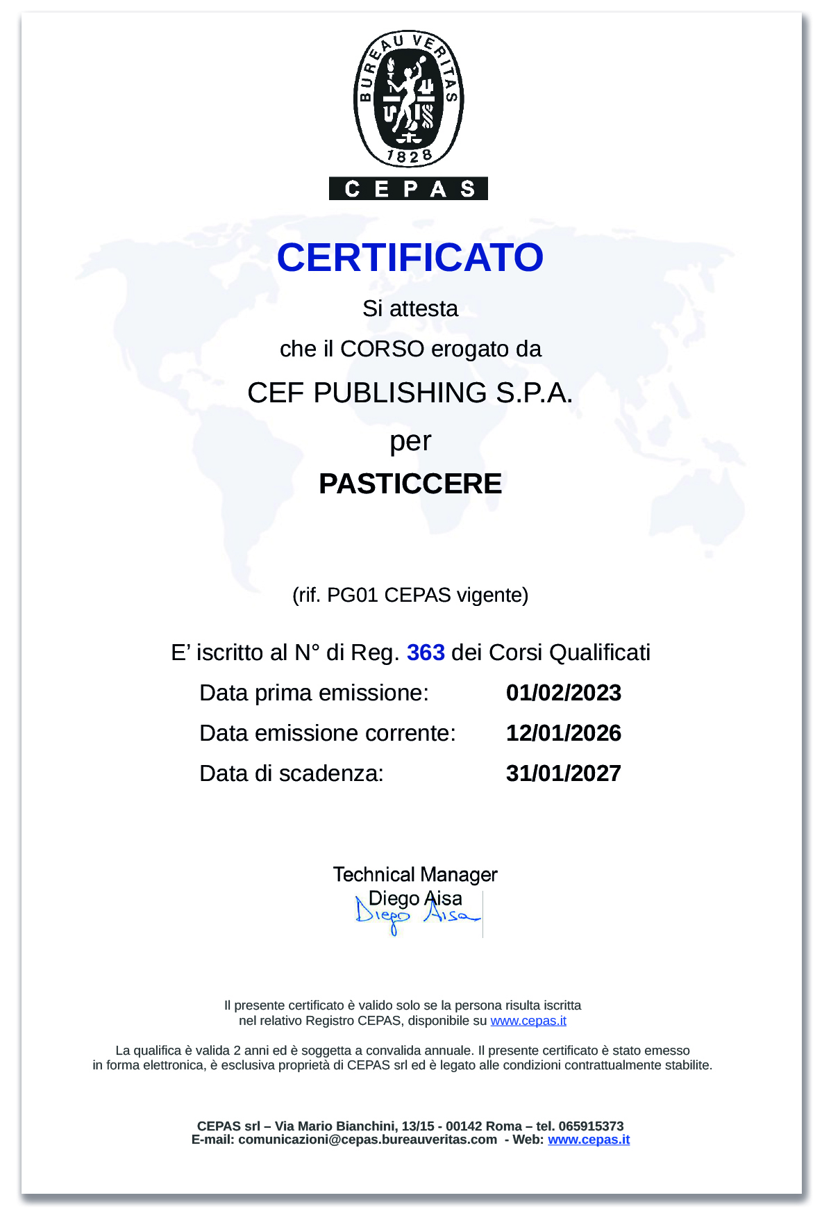 Certificato CEPAS Pasticcere