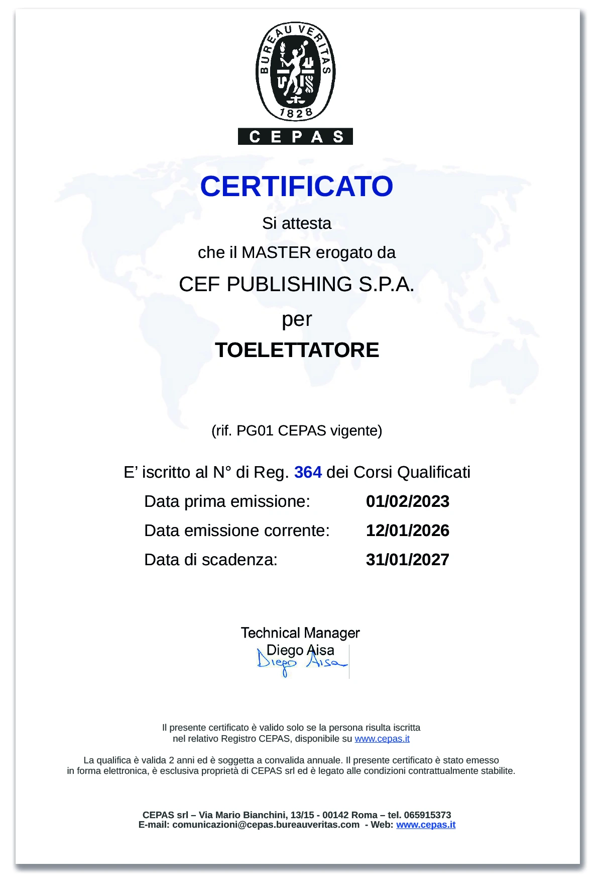 Certificato CEPAS Toelettatore