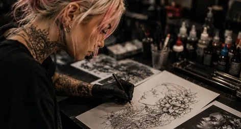 Mujer tatuadora diseñando su próximo tatuaje Tatuadora profesional en España
