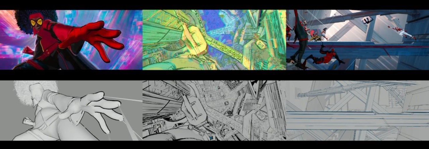 Comparativo de produção de Spider-Man: Across the Spider-Verse mostrando renderização final, line art e wireframe de cenários urbanos complexos