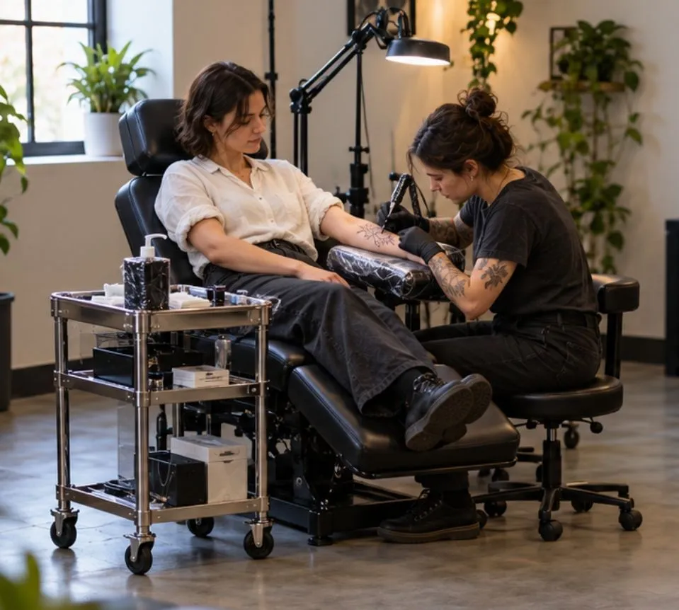 Tatuador trabajando en su estudio de tatuajes Como ser tatuador